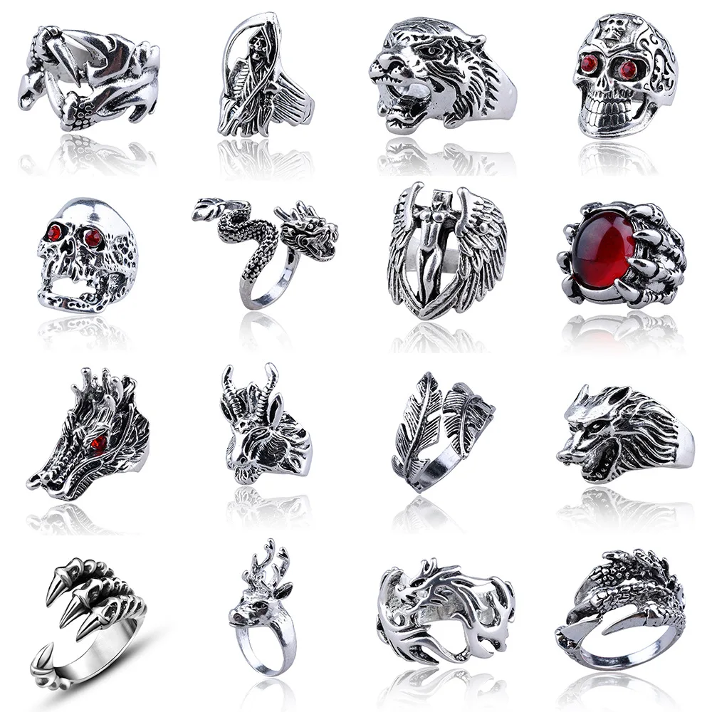 

Gothic Punk Vintage Dragon Men Ring Jewelry for Women Snake Tiger Skull Steampunk Stainless Steel Rings Male