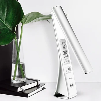 

LCD Display Study 3 Level Dimmer Reading Desk Lamp Eye Caring Folding Rechargeable Office Table Calendar Touch Control Clock