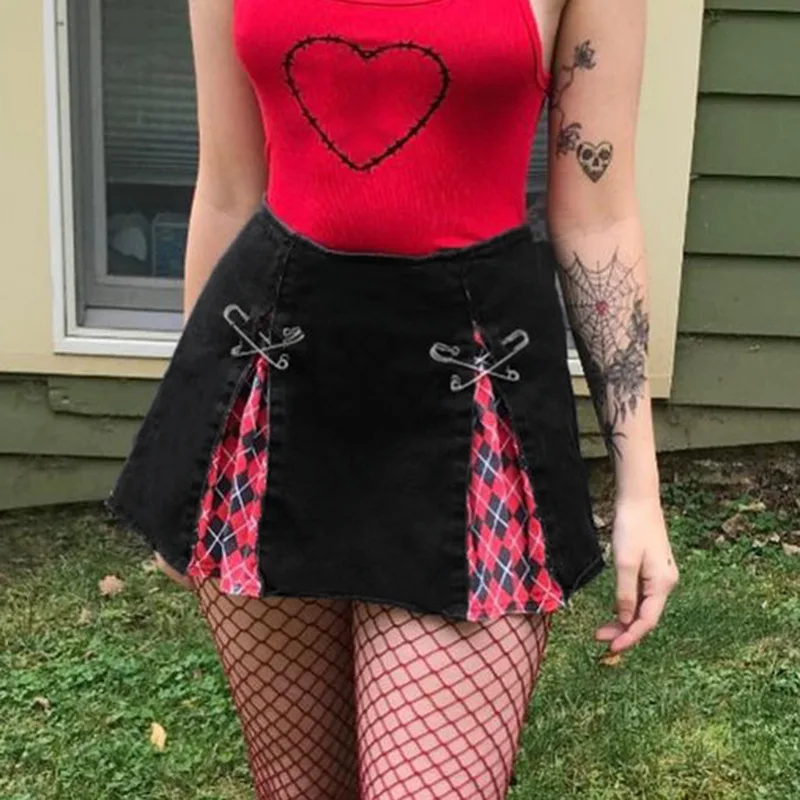 

Gothic Black Preppy Style Punk Mini Skirt Pins Red pleats Patchwork High Waist A-line Hot Girls Short Skirts women clothes