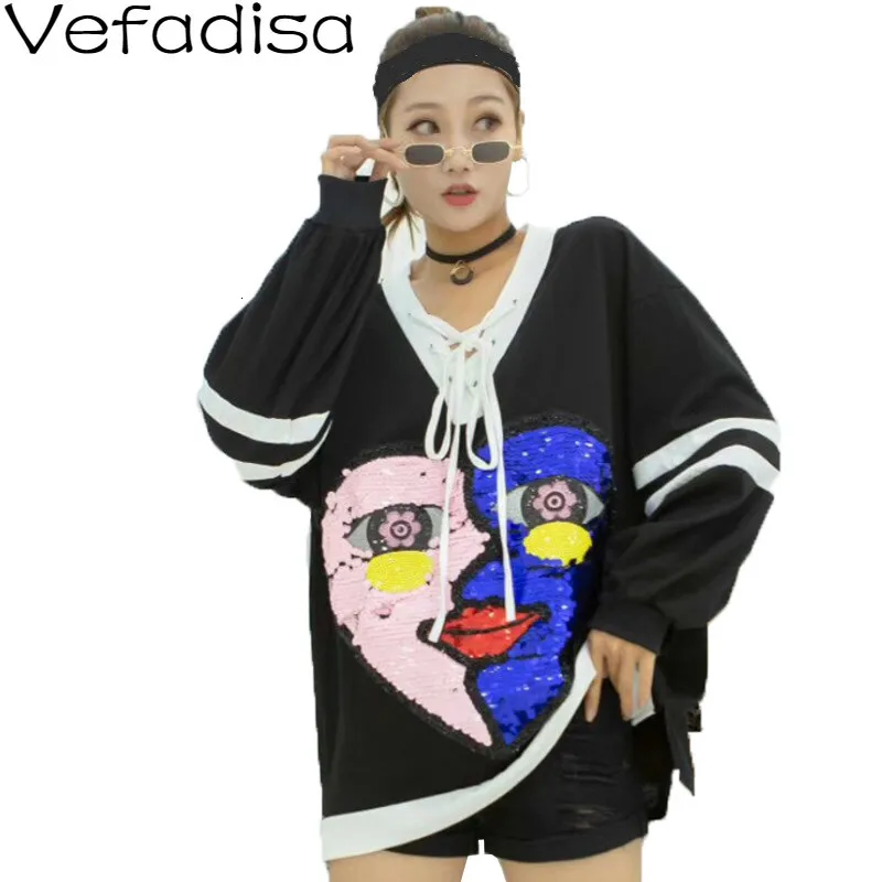 

Vefadisa Autumn Stripe Sequin Pullovers Sweatshirt V-Neck Batwing Sleeve Sweatshirt Lacing Long Sleeve Sweatshirt 2019 QYF645