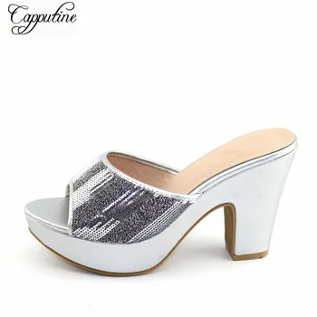 

Amazing silver high heel slipper shoes for evening party with sequins CFS16, heel height 10.5cm