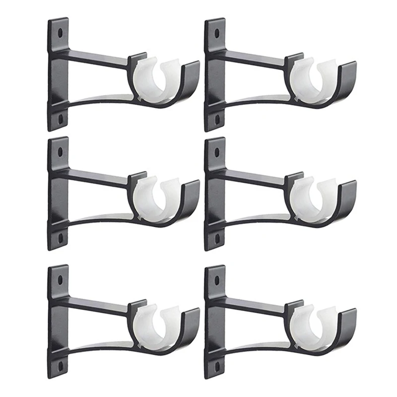Single Curtain Rod Brackets for Drapery Rod Aluminum Alloy Heavy Duty Curtain Holders (Black) 6Pcs