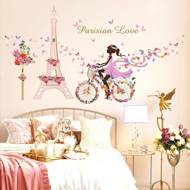 

Romantic Paris Wall Sticker for Kids Rooms Eiffel Tower Flower Butterfly Fairy Girl Riding Bike Wall Art Decal Home Decor Mural