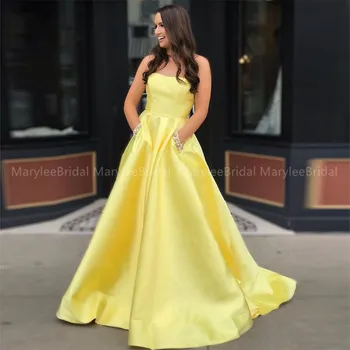 

Yellow Prom Dresses Long 2020 Vestido Formatura A-line Prom Gowns With Beaded Pockets Formal Party Gowns vestidos de gala