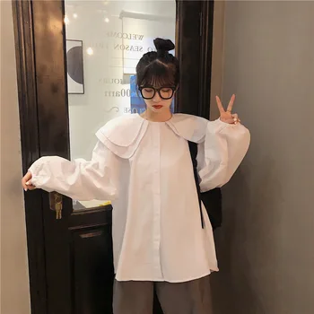 

2020 Autumn & Winter New Arrival Loose Shirt Mid-length Design Double-layer Doll Collar Lantern Sleeve Shirt Women Free Shipping