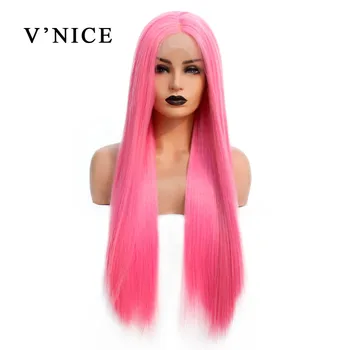 

V'NICE Pink Wig with Baby hair Natural Glueless Middle Part Synthetic Lace Front Wigs for Women Heat Resistant Fiber Hair