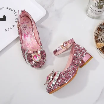 

Princess Kids Leather Shoes For Girls Casual Glitter Children High Heel Girls Shoes Sandals Butterfly Knot Blue Pink Silver