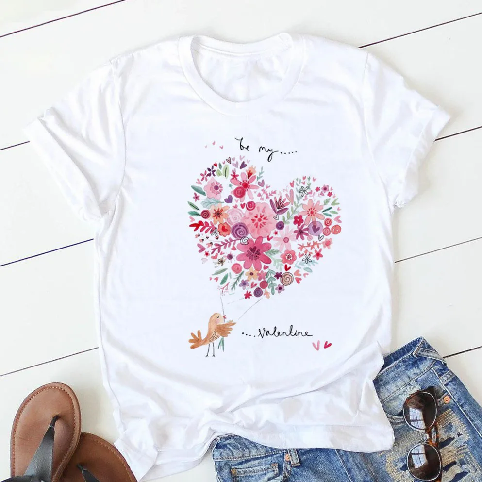 pink heart flower Print Women tshirt Short Sleeve Print Clothes Ladies Womens T-Shirt Graphic Tops Clothes Female T-shirts