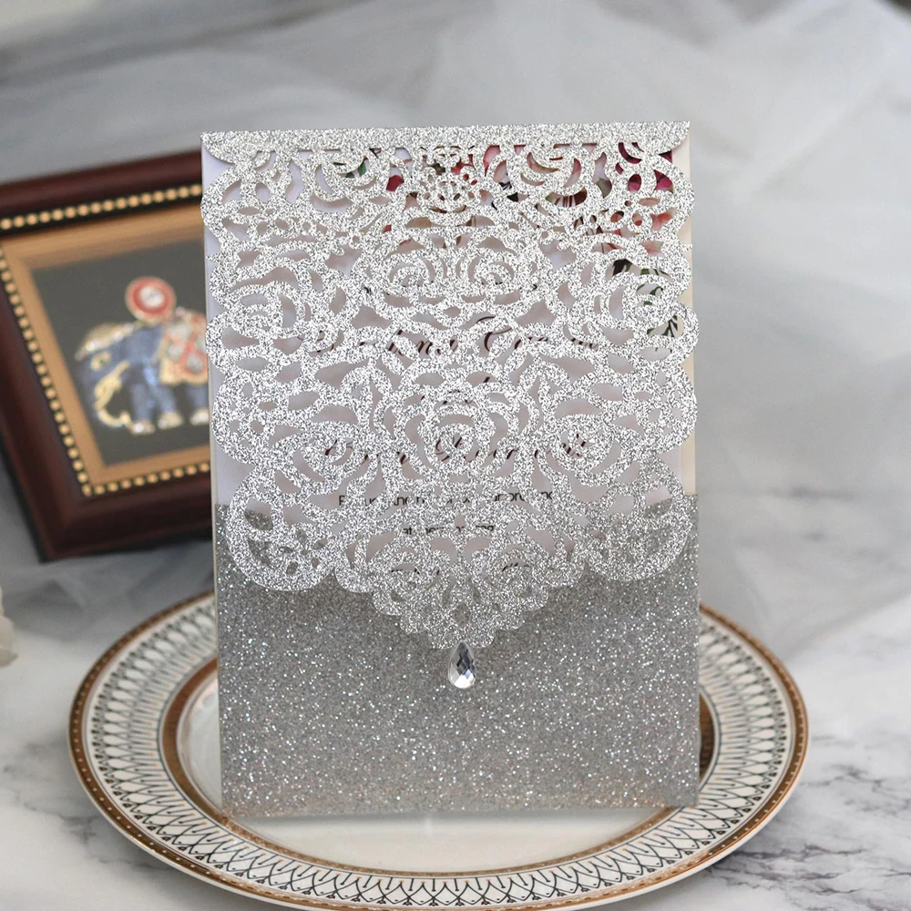  10pcs Wedding Invitation Hollow Lace Pattern Laser Cut Pocket Diamond Sealed Wedding Card Wedding A - 4.0006E+12