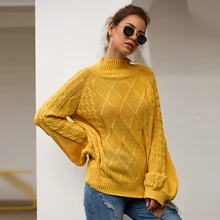 New Fashion Women Casual Half High Collar Lantern Sleeves Baggy Pullover Comfy Korean Style Knitted Sweater 2020 Pull De Noel