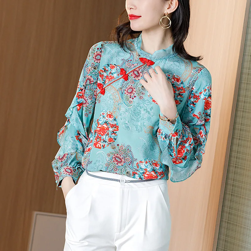 

2020 Spring Summmer Women's Chinese Style Printing Real Silk 100% Shirts and Blouses Elegant Tops long sleeved