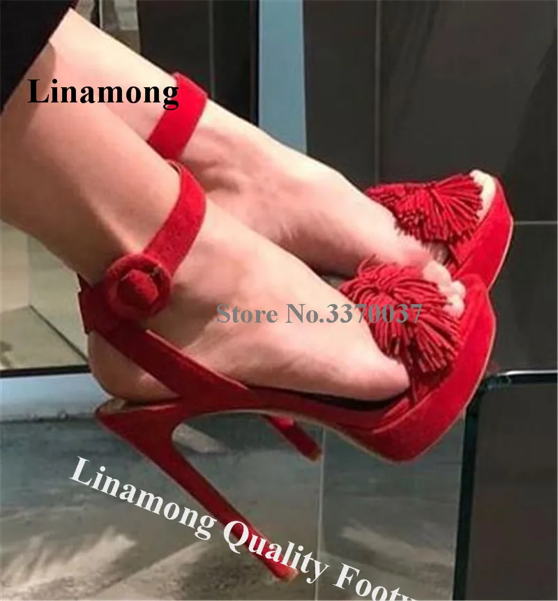 

Linamong Charming Suede Leather High Platform Stiletto Heel Tassels Gladiator Sandals Red Fringes Ankle Buckle High Heel Sandals