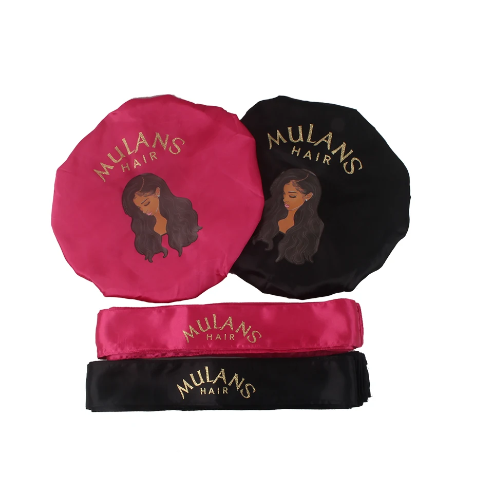 

Customized design colorful logo printing human virgin hair extensions bundles wigs packaging sets, sleep bonnet wrap scarf band