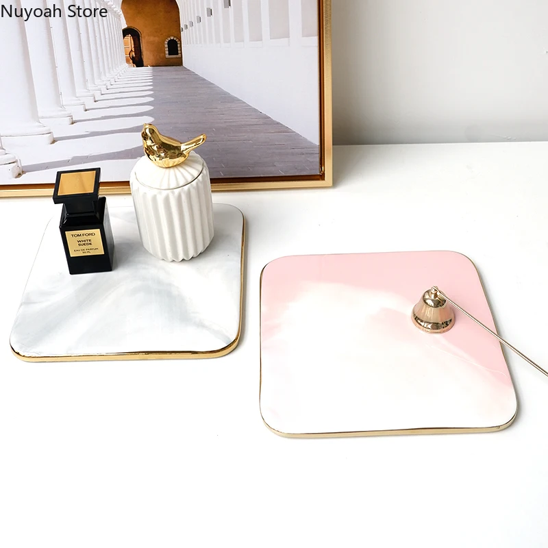 

Nordic Geometric Ceramic Tray Square Marbled Tea Tray Desktop Storage Tray Aroma Storage Tray Modern Home Decoration Accessories