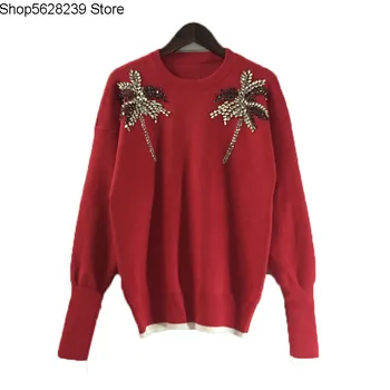 

Pack Female 18 Coconut Tree Diamond Nail Beads Red Round Neck Backing Sweater Pullover Long Sleeve Knitting Shirt