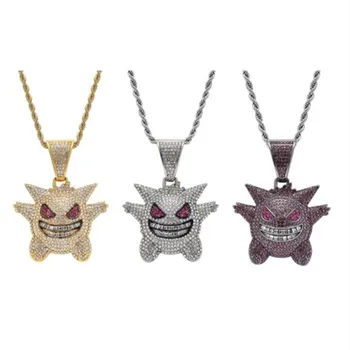 

Hip Hop Jewelry Mask Gengar Necklace New Arrival Pokemon Pendant Cubic Zircon Copper Necklace Iced Out Chain Mens Gift