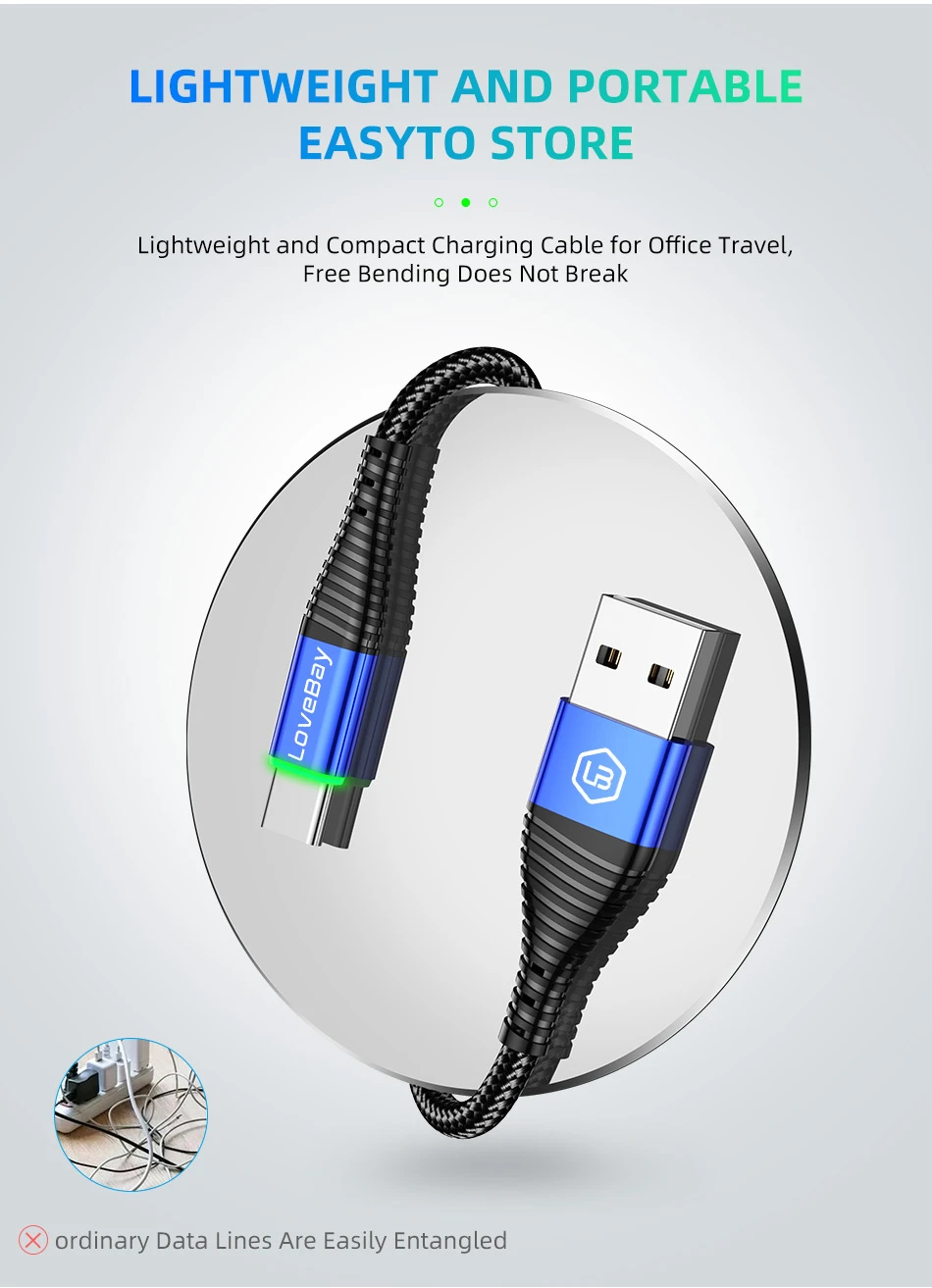 Lovebay светодиодный 3A usb type C кабель Quick Charge 3,0 для samsung S10 мобильный телефон зарядный провод USB C кабель для быстрой зарядки Xiaomi