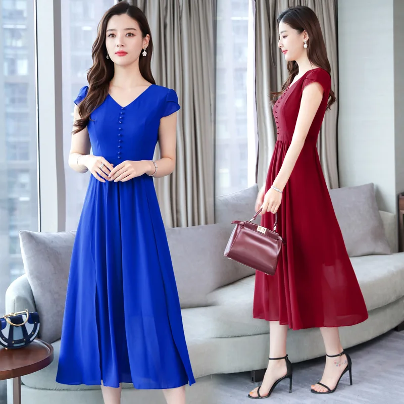 

2019 Summer Wear New Style Korean-style Solid Color Chiffon Mid-length Elegant Retro over-the-Knee Dress Women's