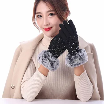 

Women Winter touch screen mittens gloves Plush Winter Warm Mittens Elegant Gypsophila Plus velvet thickening driving gloves D86