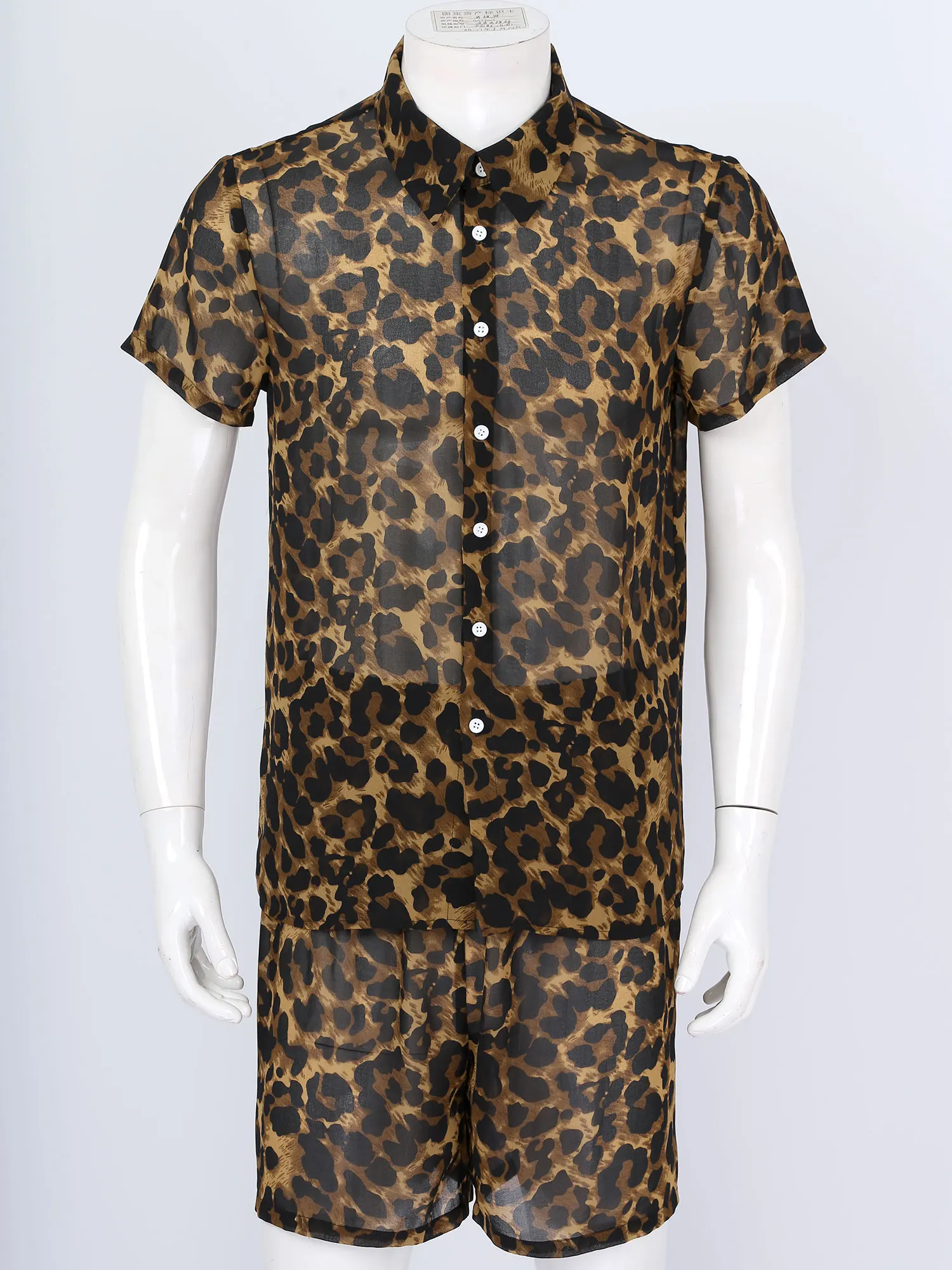 Men Sexy Leopard Print Outfit See-through Turn-down Collar Short Sleeve Shirts Tees Beach Wear Tracksuit Set Sleepwear