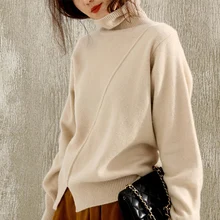 *#Best Price High-collar sweater woman loose wool bottom knitted sweater jacket split fashion wearing extra thick cashmere sweater woman *#Best Price High-collar sweater woman loose wool bottom knitted sweater jacket split fashion wearing extra thick cashmere sweater woman