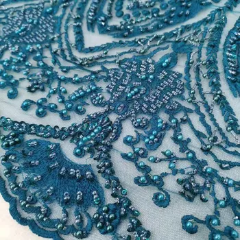 

High quality handmade beaded embroidery French mesh African lace beaded embroidery Nigeria lace wedding dress evening dress