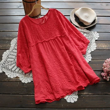 

summer tops women loose half sleeve top flower embroidery cotton shirt Tops