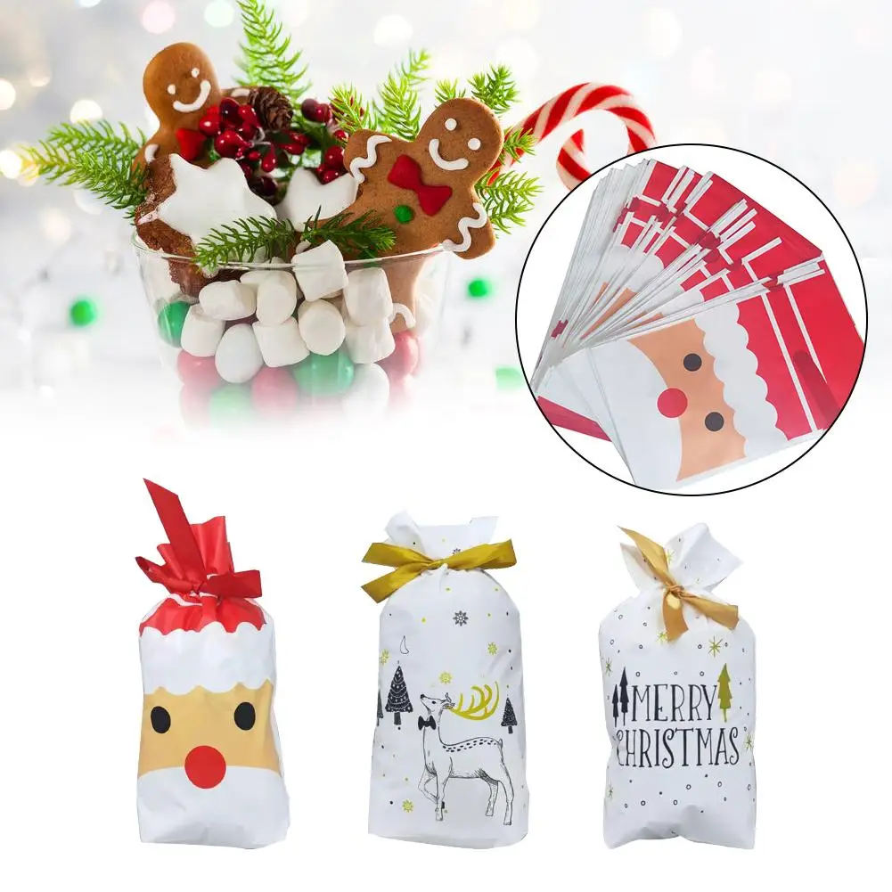 

50PCS Christmas Candy Bag With Ribbon With Christmas Element Pattern For Home Christmas Decoration Supplies