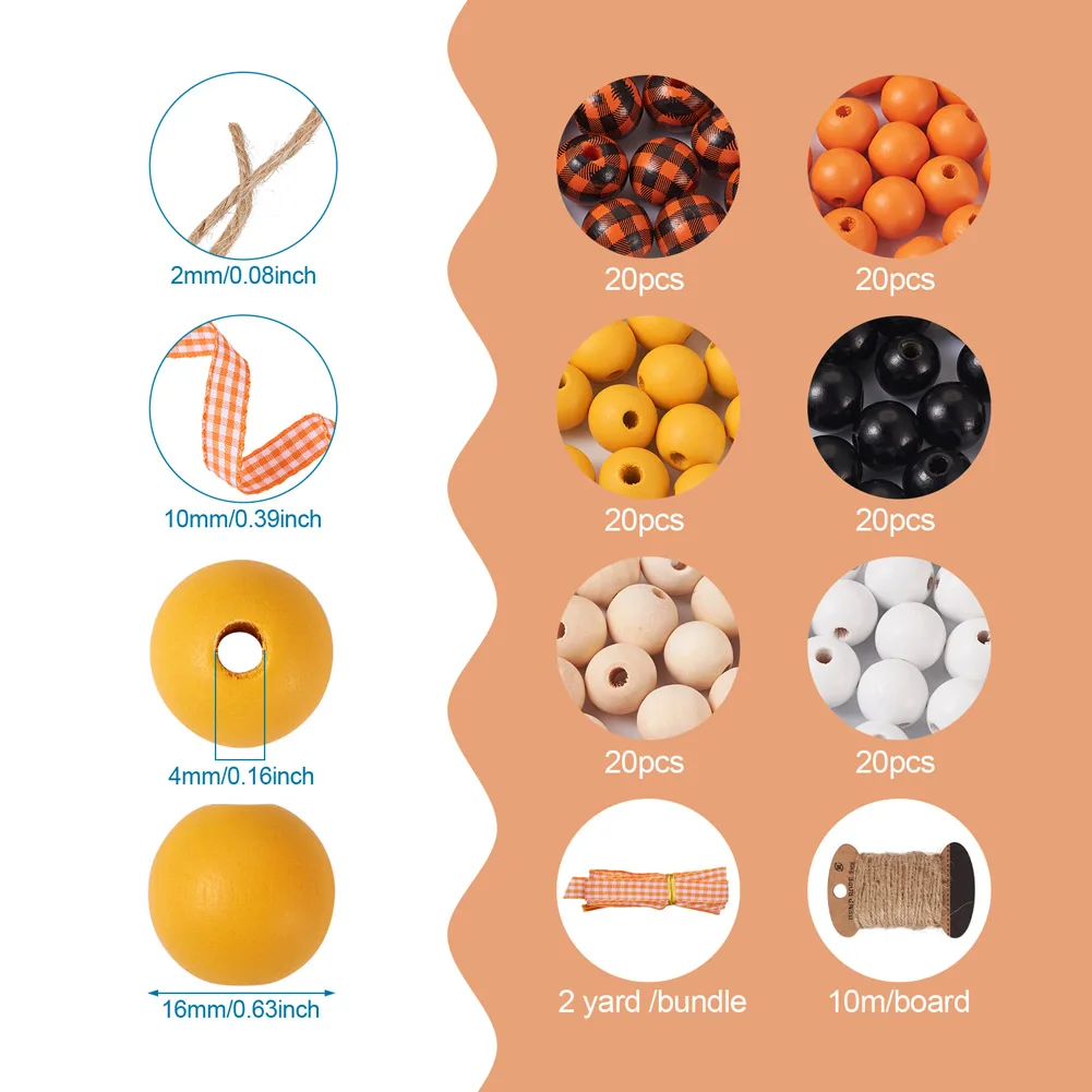 120Pcs 16mm Natural Wood Beads Round Ball Wooden Beads Spacers with Jute Cord for Jewelry DIY Halloween Bead Garland Home Decor