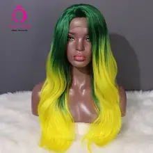 OLEY, часть, высокая температура, синтетический парик на кружеве, без клея, натуральная волна, парик, зеленый, Омбре, желтый, косплей, парики для женщин