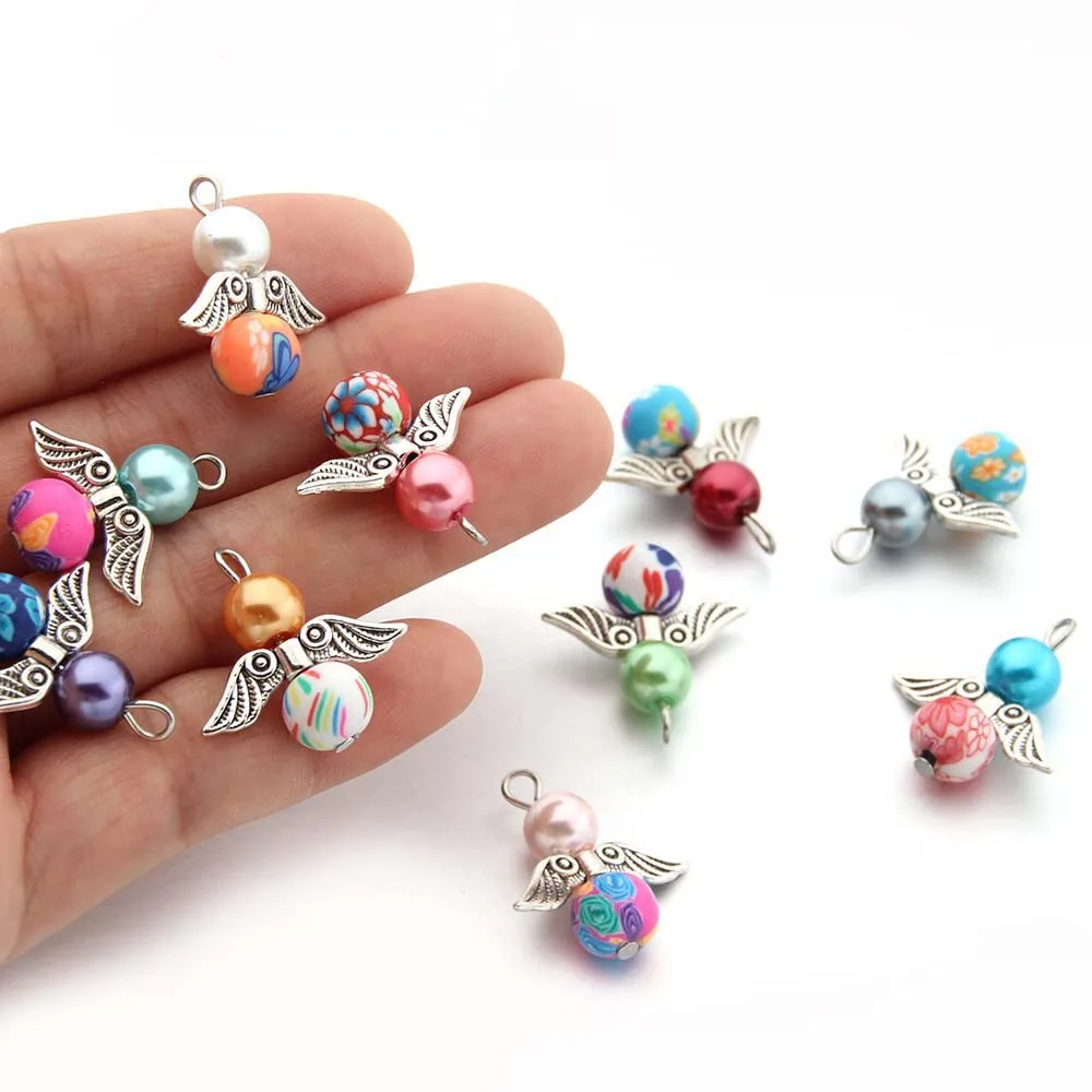 5PCS/Lot Lady Glass Acrylic Charms Pearl Bead Angel Wing Original