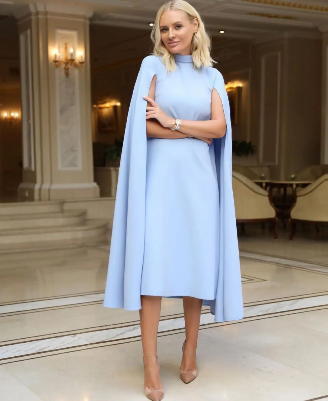 Fivsole 2022 High Neck Cap Sleeves A-line Evening Dresses Vestido Longo Tea Length Gown Women Elegant Outfit Vestidos De Fiesta