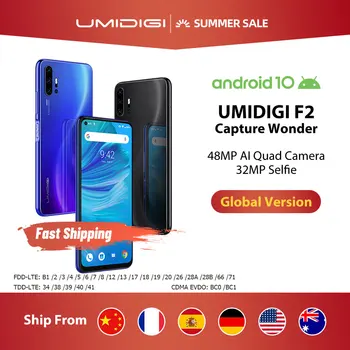 Перейти на Алиэкспресс и купить UMIDIGI F2 Android 10 глобальные диапазоны 6,53 дюймFHD + безрамочный экран 6 ГБ 128 48MP AI Quad Камера 32MP селфи Helio P70 смартфон 5150 мАч NFC