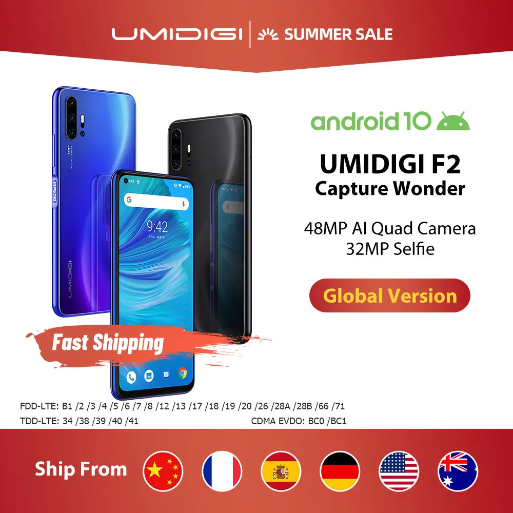 UMIDIGI F2 Android 10 глобальные диапазоны 6 53 &quotFHD + безрамочный экран ГБ 128 48MP AI Quad Камера