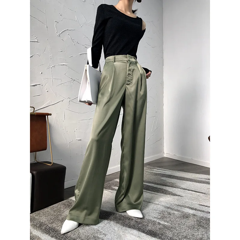 

XAXZXY imitation acetate satin wide-leg pants elastic zipper floor trousers high street style female ice silk straight-leg pants