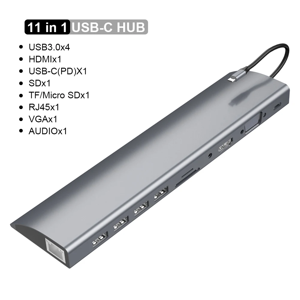 

11-In-1 Type C Hub USB C to HDMI VGA RJ45 USB 3.0 Ports SD/TF Card Reader USB-C Power Delivery for MacBook Pro With PD charger