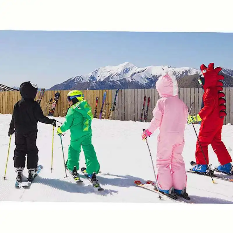 Новинка; модный детский лыжный костюм с героями мультфильмов; плотный теплый ветрозащитный водонепроницаемый цельный лыжный комплект с динозавром