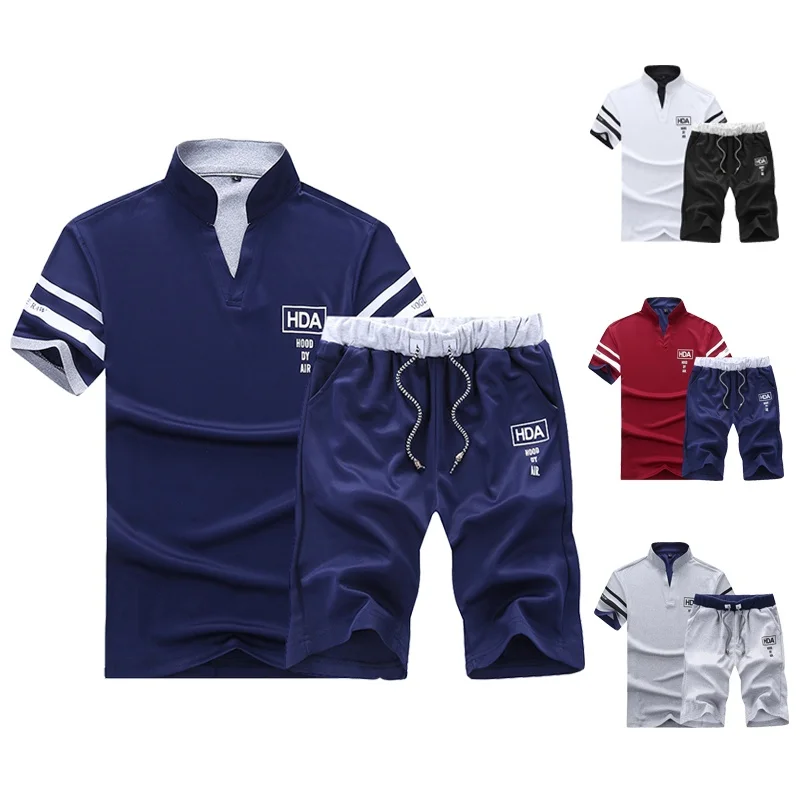 

Summer Polo Shirt Mens Short Sleeve Polo + Shorts Suit Male Solid Jersey Breathable 2PC Top Short Set Fitness Sportsuits Set Men