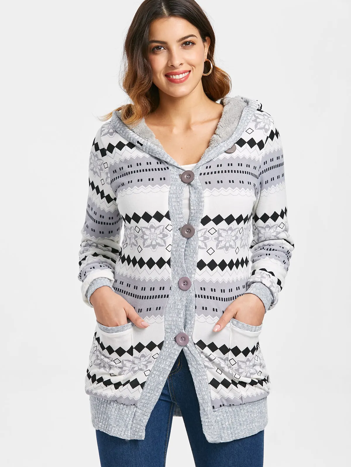 

ROSEGAL Hooded Button Up Geometric Cardigan Women Hooded Sweaters 2019 Autumn Winter Long Button Warm Hooded Casual Outwear Card