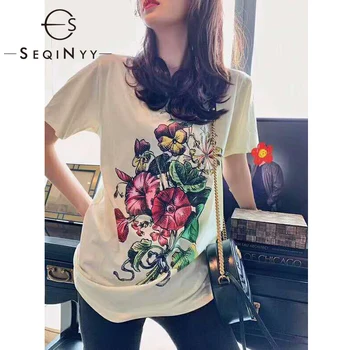 

SEQINYY Fashion T Shirt 2020 Summer Spring New Fashion Design Female Short Sleeve Flowers Print 100% Cotton Top