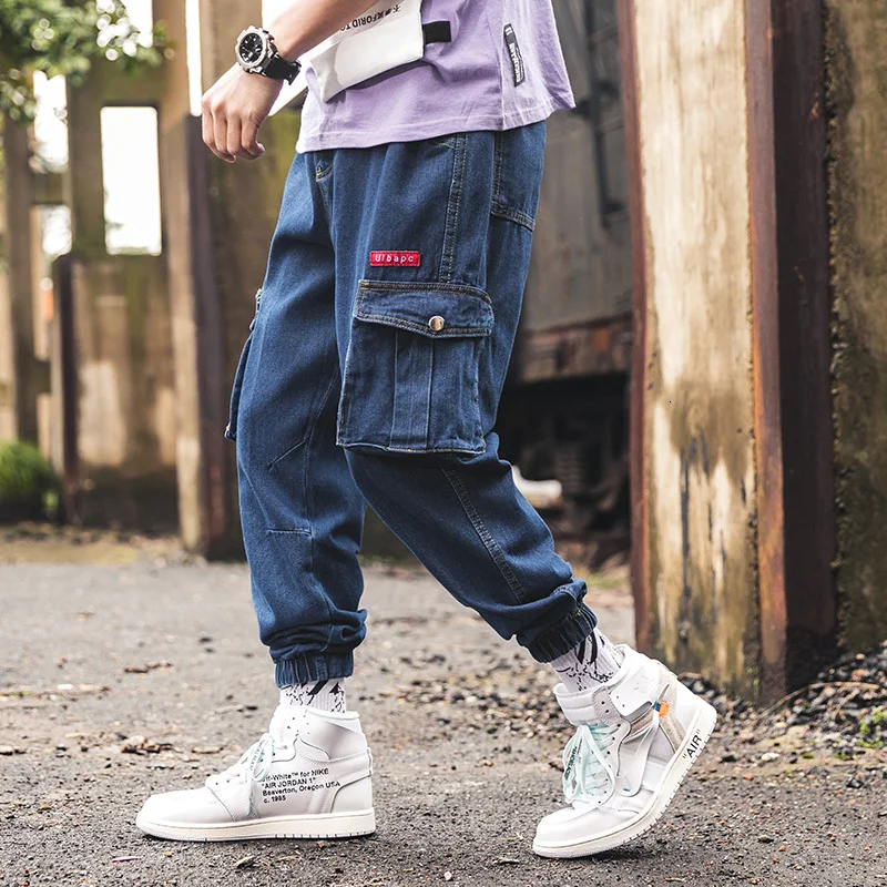 Осенние Новые мужские джинсы, модные однотонные повседневные джинсовые брюки, мужские уличные свободные джинсы с инструментами в стиле хип-хоп