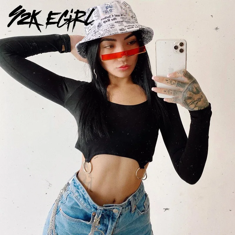 

Y2K EGIRL Vintage 90s Solid With Rings Cropped Tops Punk Aesthetics Slim O-neck Long Sleeve Black T-shirts Fashion Streetwear