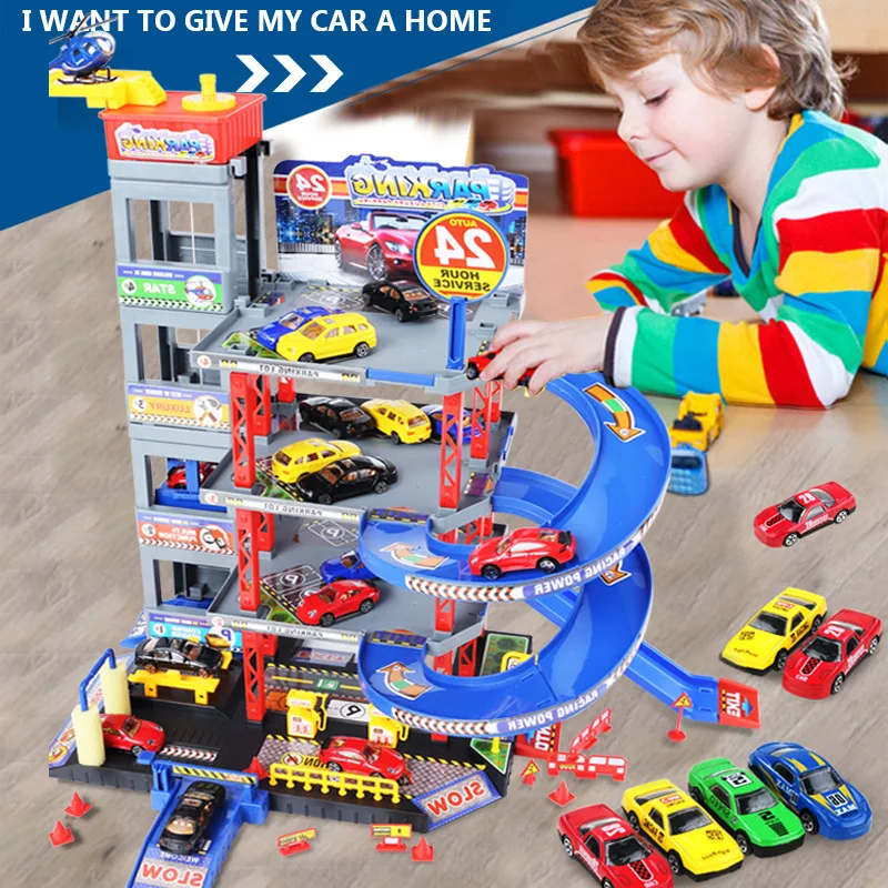 

Stereo Multilayer Large Assembled Rail Car Parking Lot Model Toy Set Delivery Alloy Car Helicopter Airplane