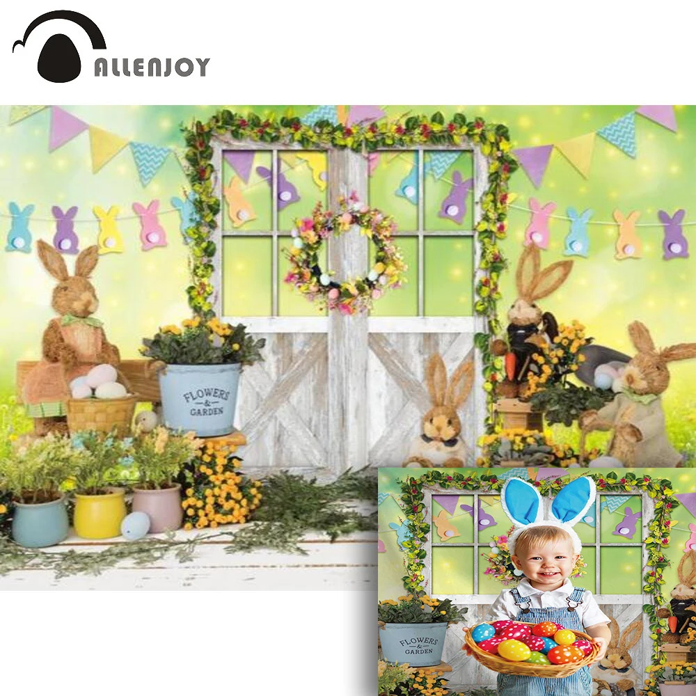 

Allenjoy Happy Easter Decoration Spring Background Garden Rabbit Baby Shower Barn Door Wood Girl Birthday Photophone Backdrop