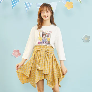 

IEF Spring Causal Women 2pcs Set Oneck Printed Loose Tshirt High Waist Irregular Hem Skirt 0N29K-D2056-5-