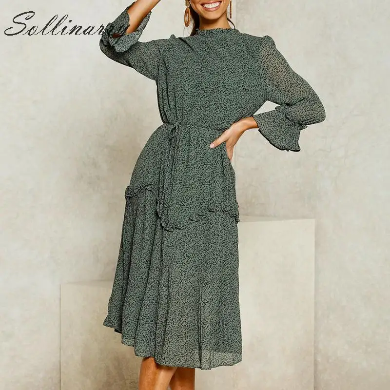 

Sollinarry Eelegant Autumn Winter Vintage Dress Women Long Sleeve Ruffles Midi Dress Feminine Print High Waist Sexy Vestidos