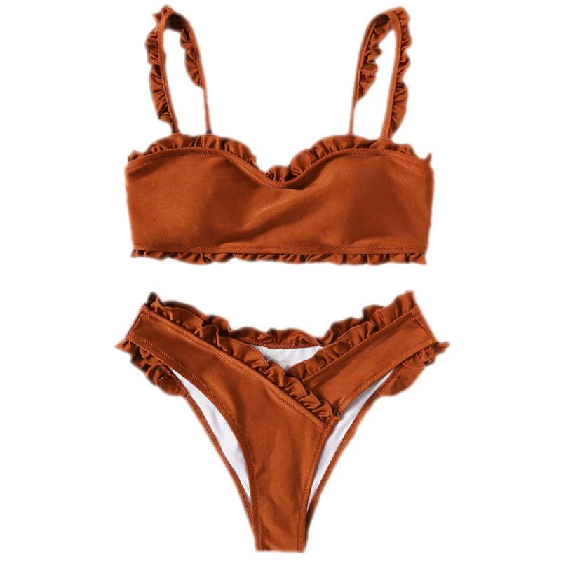 

Frill Trim Top With Wrap Bikini Set Adjustable Straps Swimsuit Women Summer Beach Party Swimwear