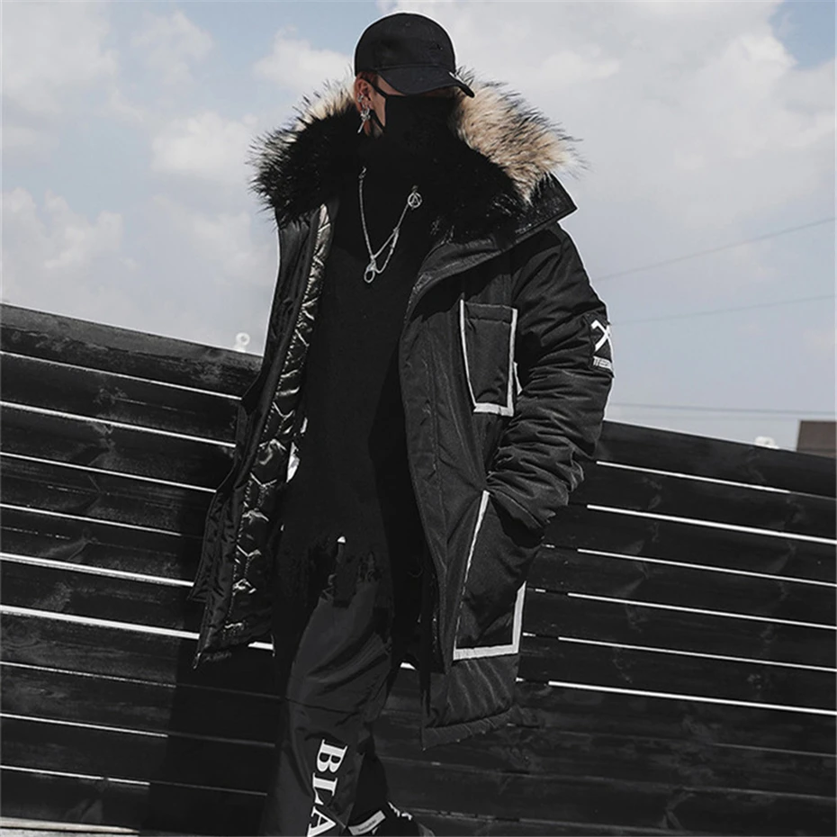 Размер США, черная зимняя Толстая куртка, мужские парки с капюшоном, пальто с меховым воротником, парка, уличная одежда, мужские длинные теплые пальто в стиле хип-хоп, DG175