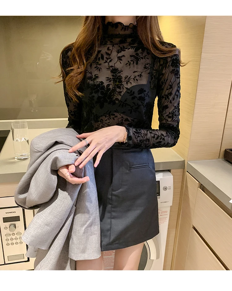 Korean Fashion Mesh Women Blouses Office Lady Shirt and Blouse Long Sleeve Floral Blusas Largas Loose Womens Sexy Tops