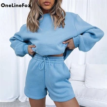 

OneLineFox Cotton Classic Two Piece Set Women Autumn Casual Outwear O-Neck Sweatshirt+Drawstring Sporty Shorts Matching Outfit